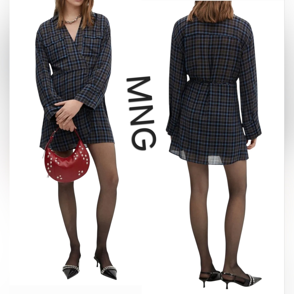 MNG Mango Vestido Maria Plaid Long Sleeve Wool Blend Wrap Dress Sz 8
